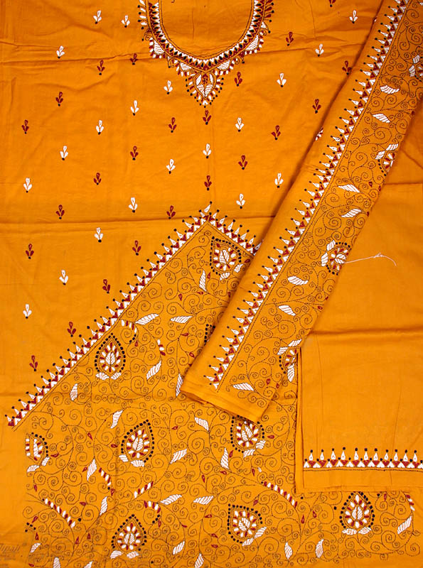 Burnt-Orange Suit with All-Over Kantha Stitch Embroidery