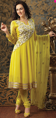 Buttercup-Yellow Anarkali Suit with Embroidered Flowers on Neck and Gota Border