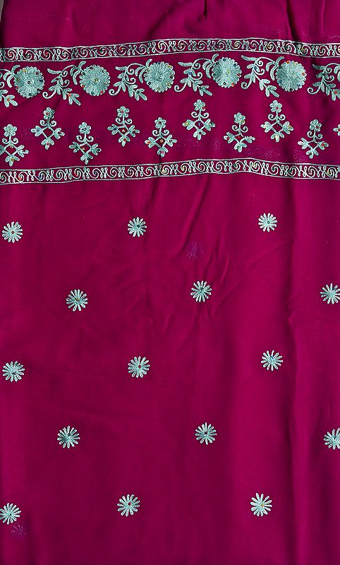 Byzantium-Purple Salwar Kameez Fabric with Aari Embroidered Flowers and Sequins