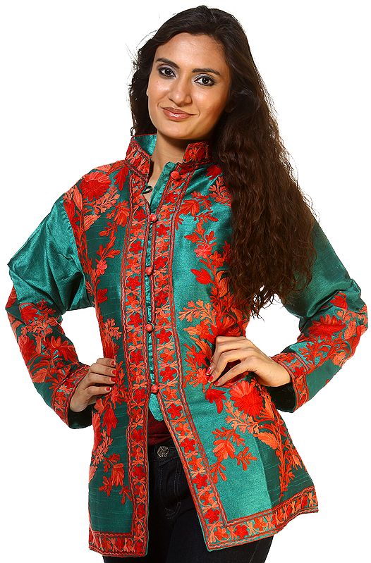 Cadmium-Green and Rust Kashmiri Jacket with All-Over Aari Embroidery of Flowers
