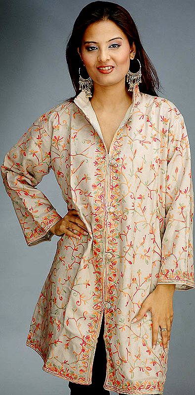 Camel Colored Long Aari Jacket Embroidered in Kashmir