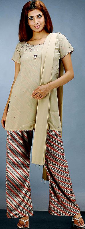 Camel Colored Printed Suit with Parallel Salwar