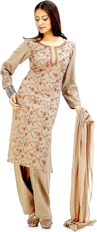 Camel Colored Pure Wool Suit with Jafreen Jaal Embroidery