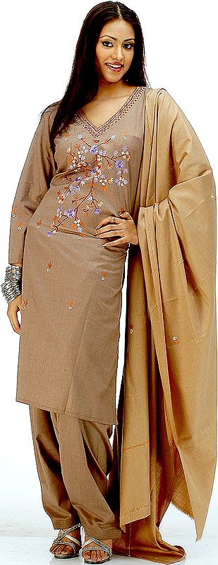 Camel Colored Suit with Embroidery and Shawl
