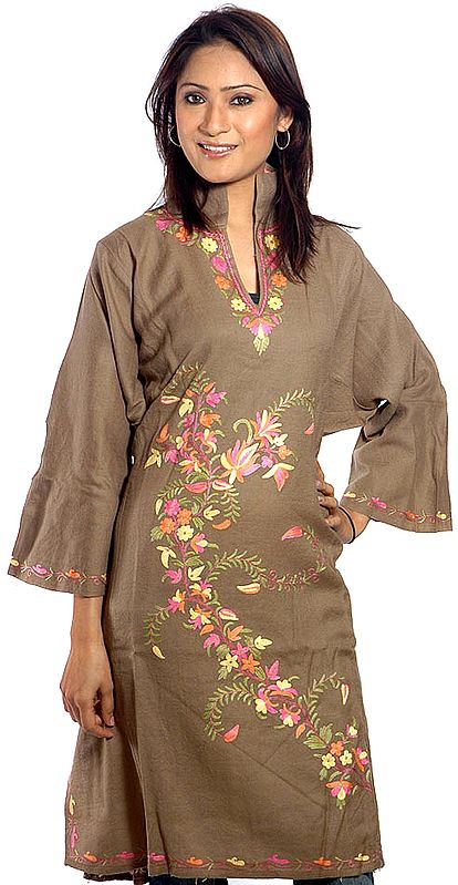 Camel-Colored Phiran from Kashmir with Embroidered Flowers