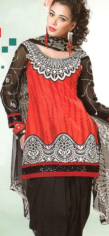 Camellia and Black Batik Dyed Salwar Kameez Suit with Aari Embroidery