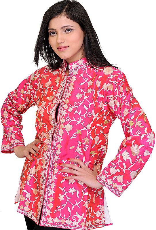 Camellia-Rose Jacket from Kashmir with Aari Embroidered Flowers