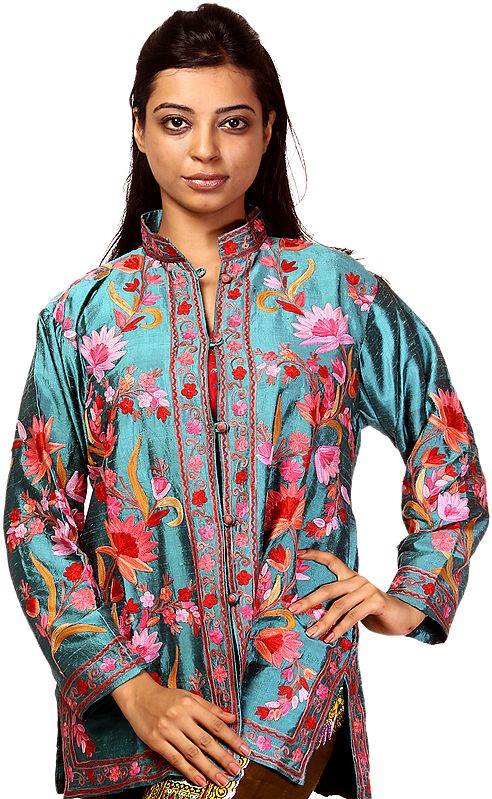 Cameo-Blue Kashmiri Jacket with Aari-Embroidered Flowers All-Over