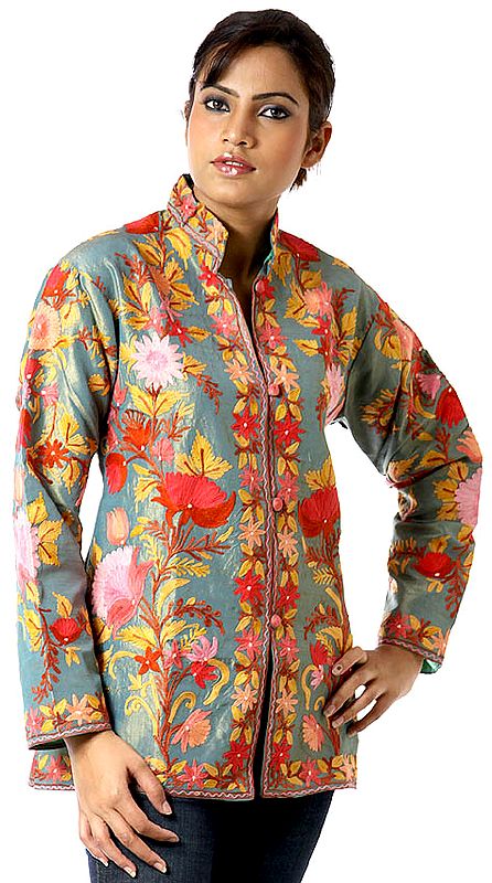 Camouflage-Green Aari Jacket from Kashmiri with Floral Embroidery All-Over