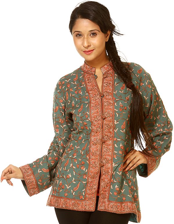 Camouflage-Green Jacket From Kashmir with All-Over Aari Embroidered Flowers by Hand