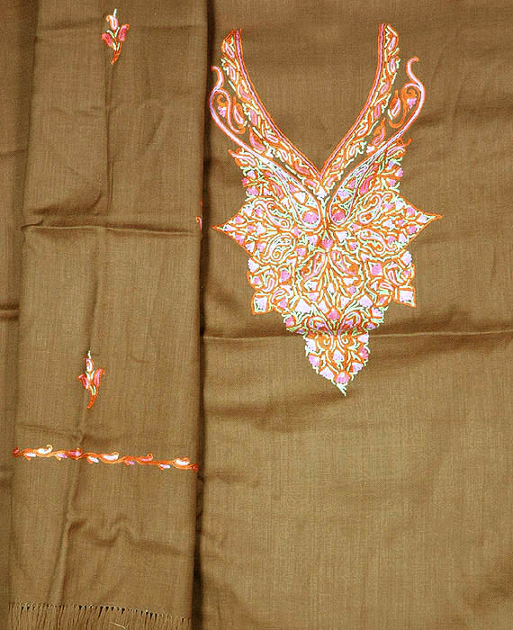 Camouflage-Green Suit from Kashmir with Aari Embroidery and Shawl