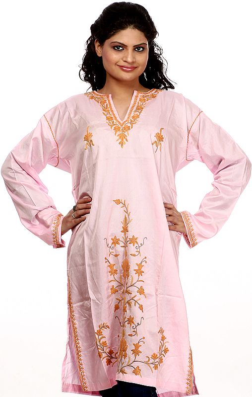 Candy-Pink Kashmiri Long Kurti with Aari Embroidered Flowers by Hand