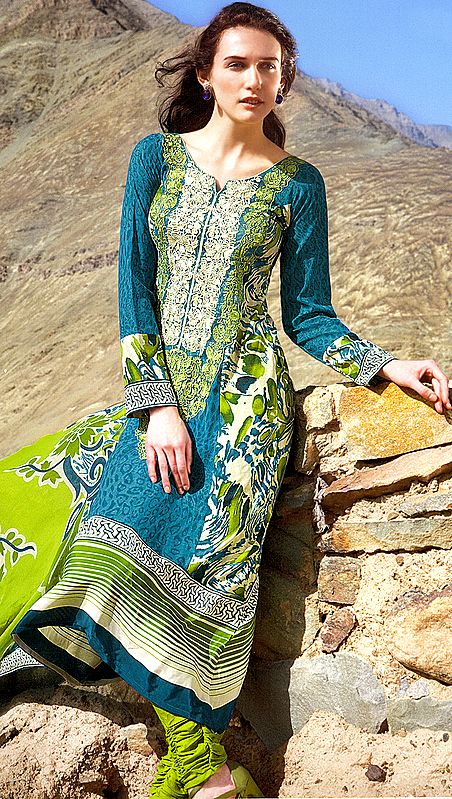 Capri-Breeze Long Choodidaar Kameez Suit with Modern Print and Embroidery on Neck