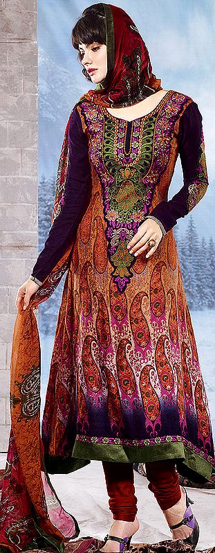 Caramel-Brown Long Choodidaar Kameez Suit with Embroidery on Neck and Printed Paisleys