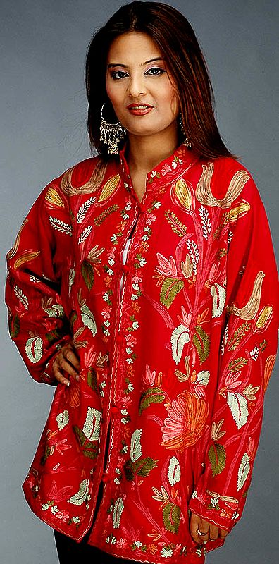 Cardinal Floral Jacket from Kashmir with All-Over Aari Embroidery