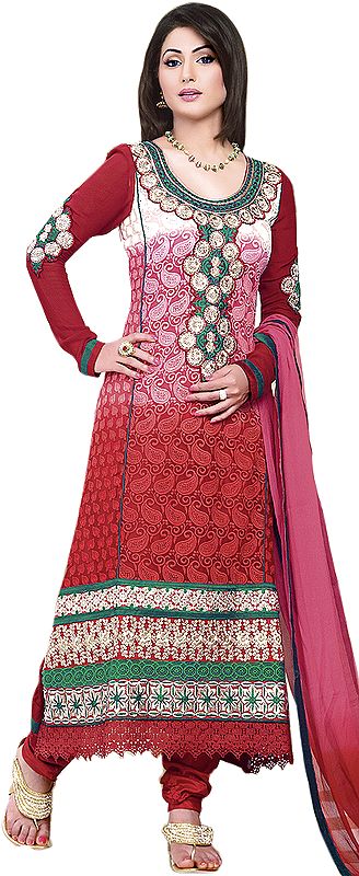Cardinal-Red Long Choodidaar Suit with Floral Aari Embroidery and Crochet Border