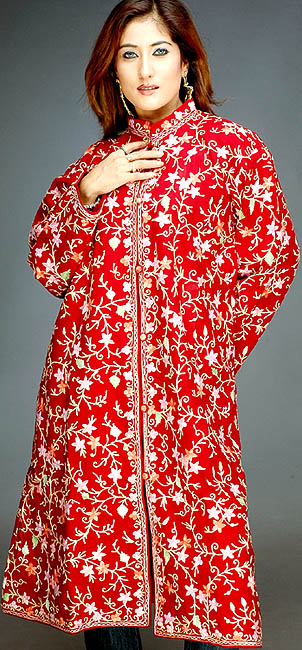 Carmine Floral Long Aari Jacket Embroidered in Kashmir