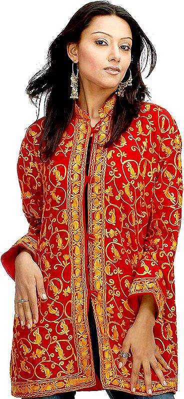 Carmine Floral Long Aari Jacket Hand-Embroidered in Kashmir