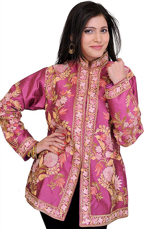 Carmine-Pink Kashmiri Jacket with Aari Embroidered Flowers