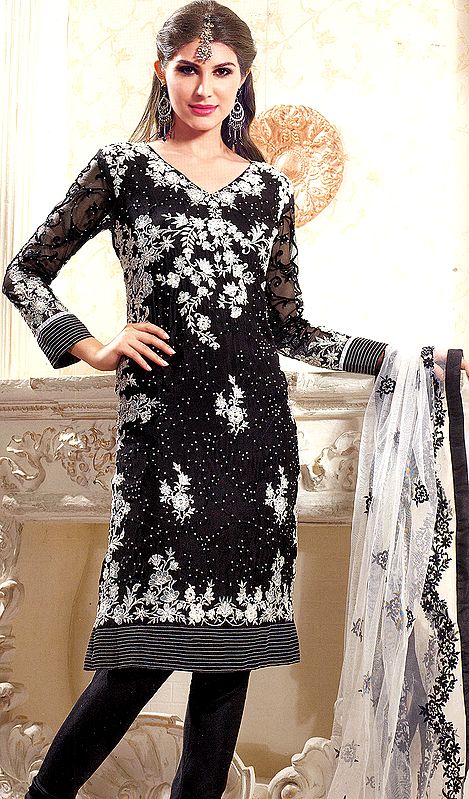 Caviar-Black Choodidaar Kameez Suit with Crewel Embroidered Flowers and Sequins in White