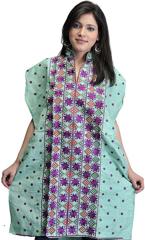 Celadon-Green Phulkari Kurti from Punjab with Aari Embroidery