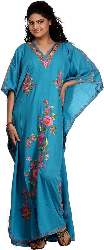 Cendre-Blue Kashmiri Kaftan with Aari Embroidered Flowers All-Over