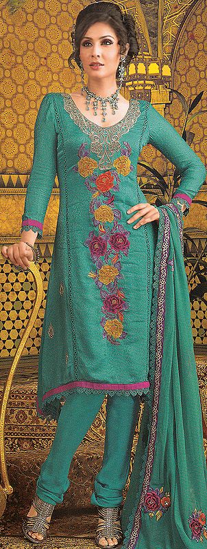 Ceramic-Green Designer Choodidaar Suit with Embroidered Roses and Crochet Border