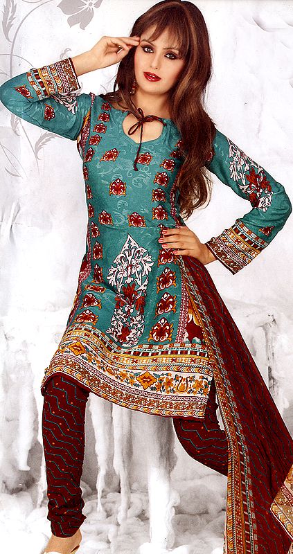 Ceramic-Green Printed Choodidaar Suit with Self Weave and Floral Border