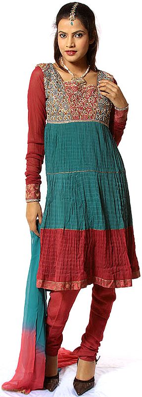 Cerise and Teal Wrinkled Anarkali Suit with Heavy Beadwork on Anchal
