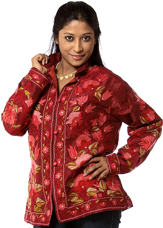 Cerise Jacket from Kashmir with Aari Embroidery All-Over