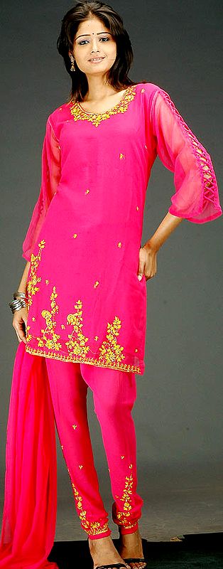 Cerise Pink Choodidaar Suit with Mustard Embroidery