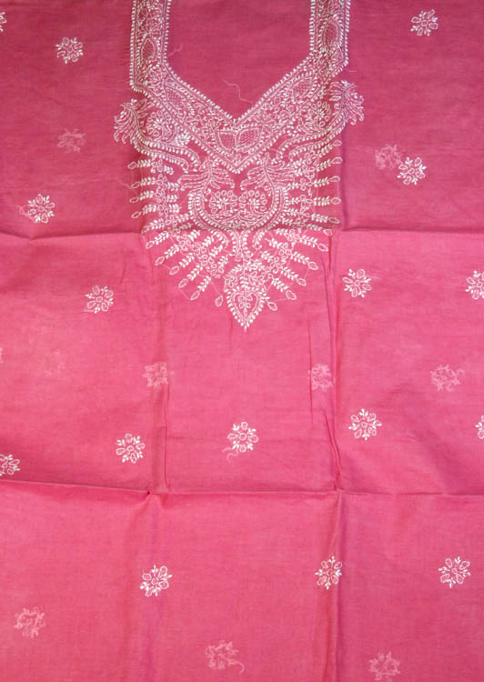 Cerise Salwar Suit Fabric with All-Over Lukhnavi Chikan Embroidery