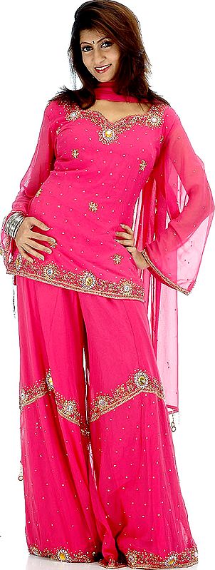 Cerise Sharara Suit with Beadwork and Sequins