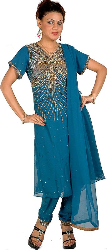 Cerulean Anarkali Suit with Golden Beads and Sequins