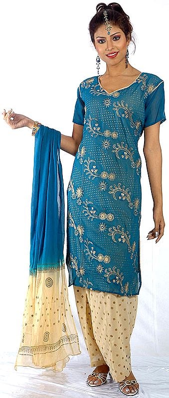 Cerulean and Beige Salwar Kameez Suit with Aari-Embroidery and Painted Bootis