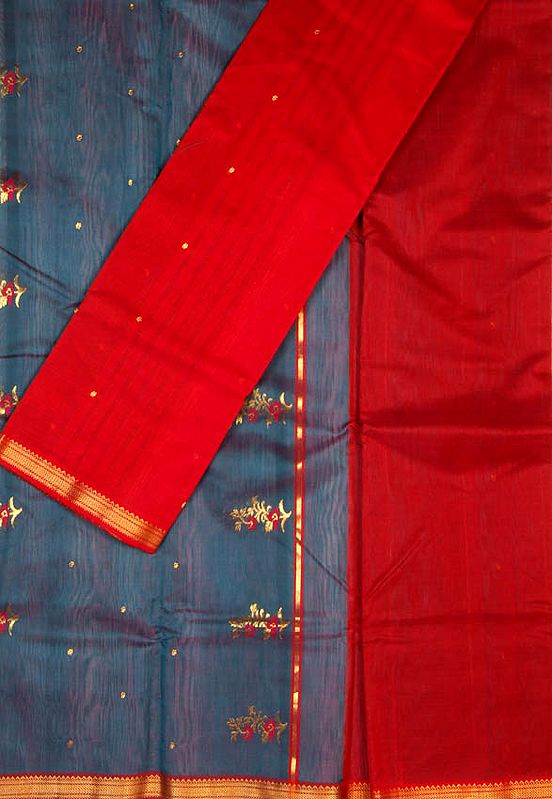 Cerulean and Red Chanderi Suit with Large Bootis Woven in Golden Thread