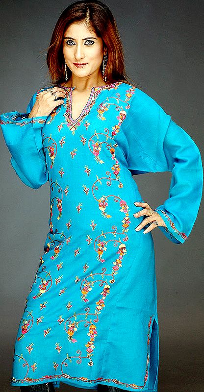 Cerulean Kashmiri Phiran with Floral Embroidery