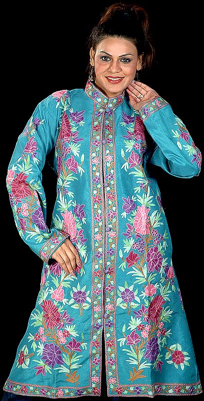 Cerulean Long Silk Jacket with Large Embroidered Flowers