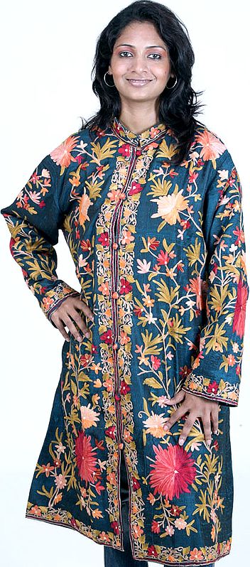 Cerulean Long Silk Jacket with Large Flowers