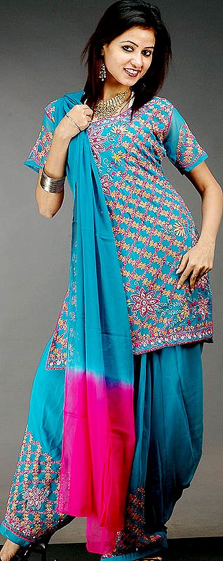 Cerulean Patiala Salwar Suit with All-Over Persian Embroidery and Sequins
