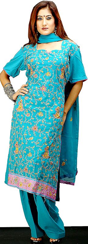 Cerulean Salwar Suit with All-Over Embroidery on Kameez