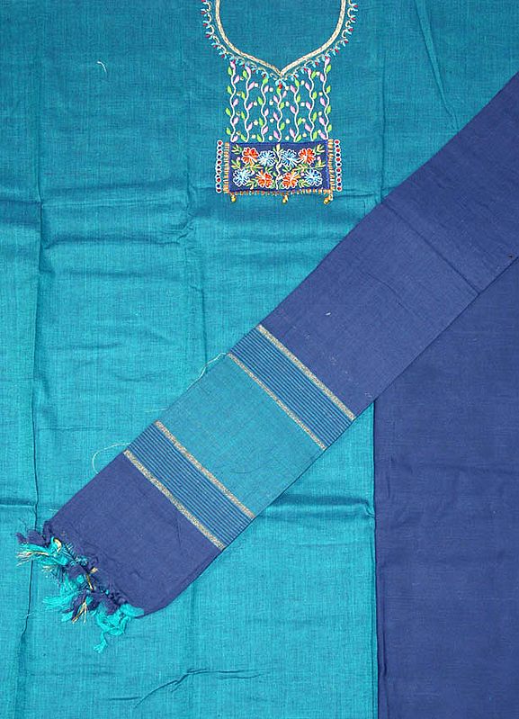 Cerulean South-Cotton Suit with Embroidery on Neck