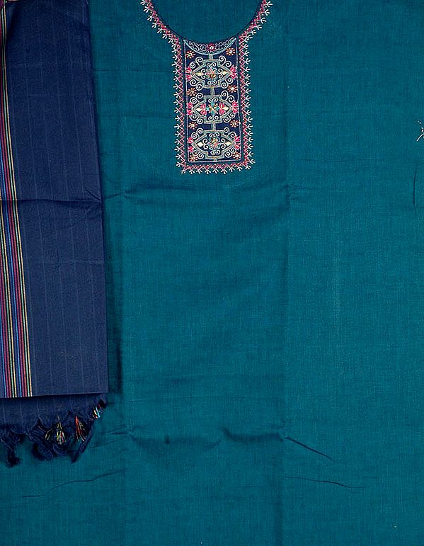 Cerulean South-Cotton Suit with Embroidery on Neck