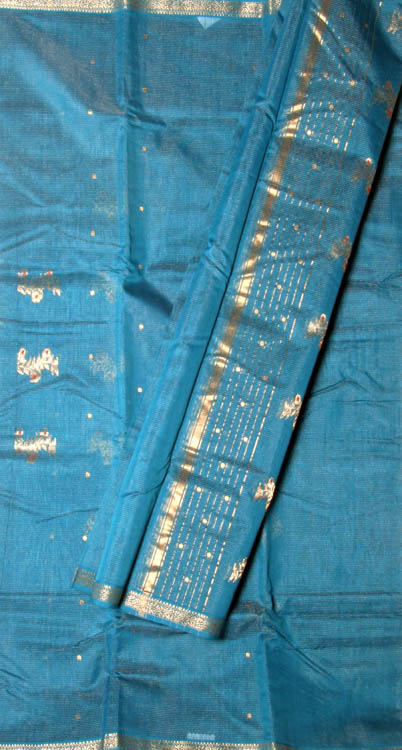 Cerulean Tissue Chanderi Suit with Pin Stripes and Bootis in Golden Thread