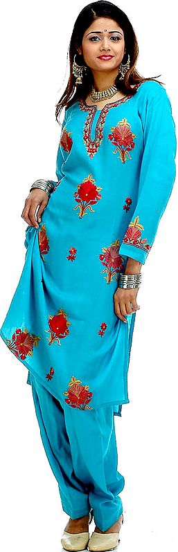 Cerulean Two-Piece Kashmiri Salwar Suit with Floral Aari Embroidery