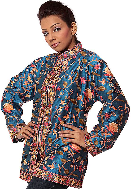 Cerulean-Blue Kashmiri Jacket with Embroidered Flowers All-Over