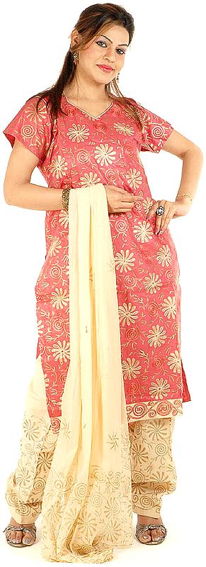 Chestnut and Beige Salwar Kameez Suit with Spirals and Flowers