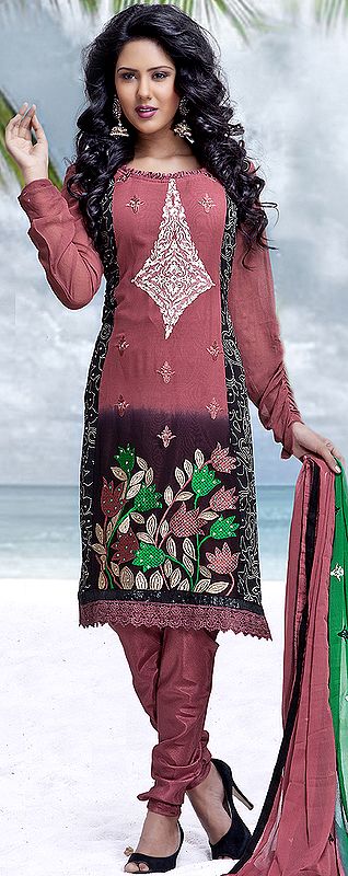Chestnut Choodidaar Kameez Suit wth Embroidered Flowers and Crochet Border