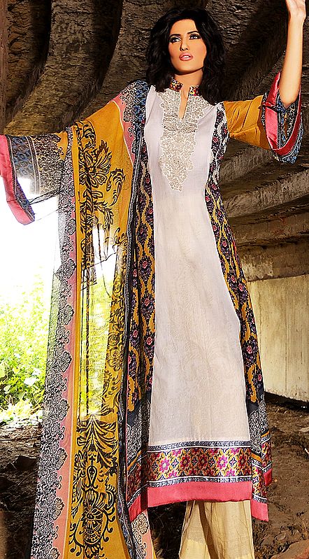 Chic White Long Salwar Kameez Ensemble From Pakistan with Embroidered Neck and Zari Lace