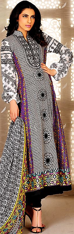 Chic-White Bukovina Long Salwar Suit From Pakistan with Embroidered and Motifs